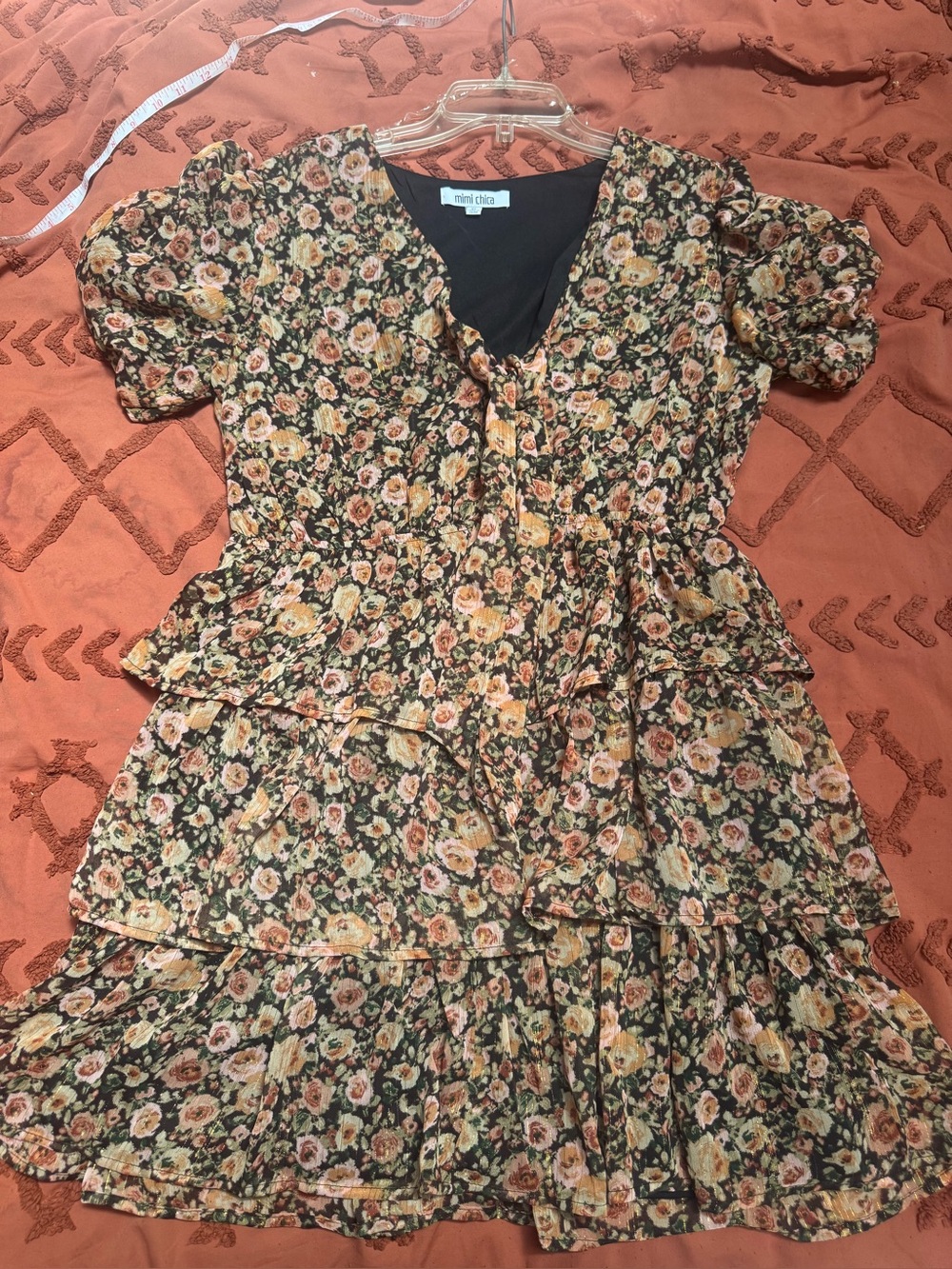 Mimi Chica Floral Smocked Waist Tiered Ruffle Mini Dress Black Pink XL Metallic